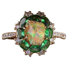 Beautiful Mexican Fire Opal Tsavorite Diamond Engagement Wedding Ring 18K Gold