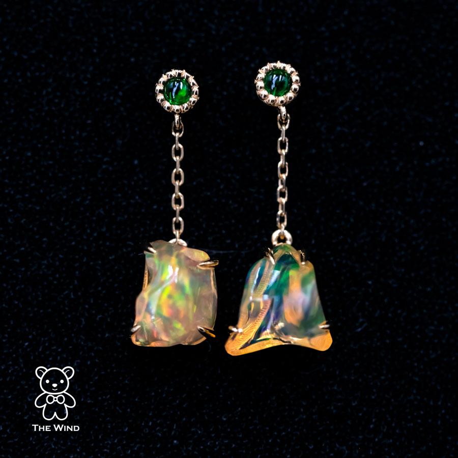 Brilliant Cut Beautiful Mexican Fire Opal & Tsavorite Drop Earrings 18K Yellow Gold