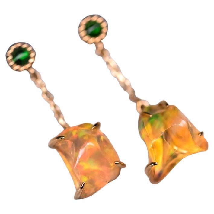 Beautiful Mexican Fire Opal & Tsavorite Drop Earrings 18K Yellow Gold For Sale