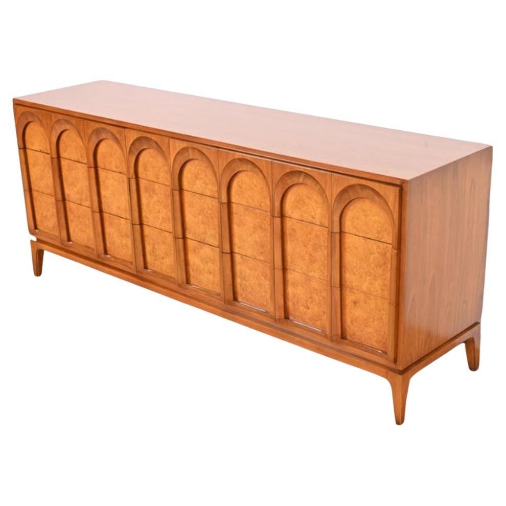 Mid-Century Modern Beautiful Mid century Arch Olive Burl Walnut 9 drawer dresser Credenza  For Sale