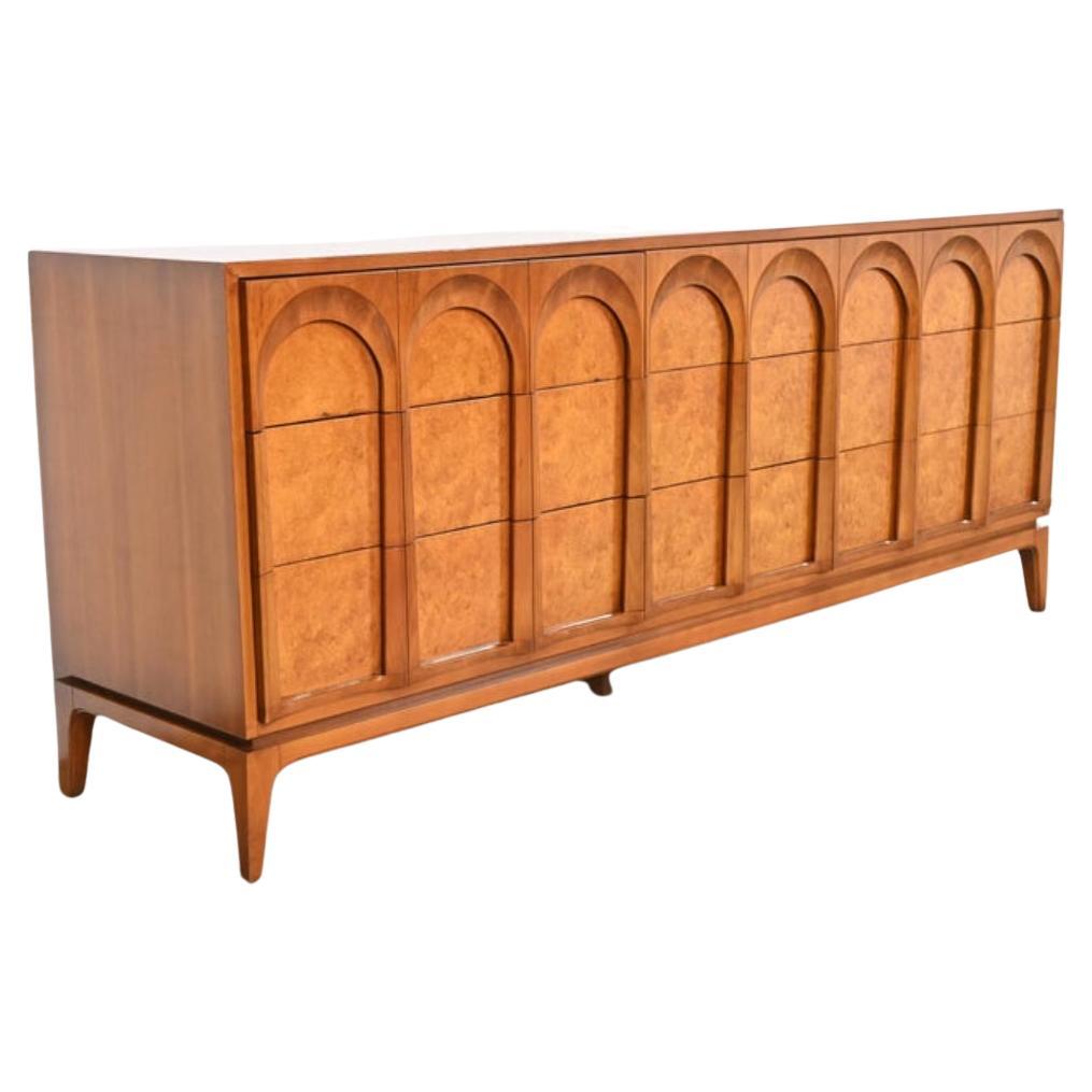 American Beautiful Mid century Arch Olive Burl Walnut 9 drawer dresser Credenza  For Sale