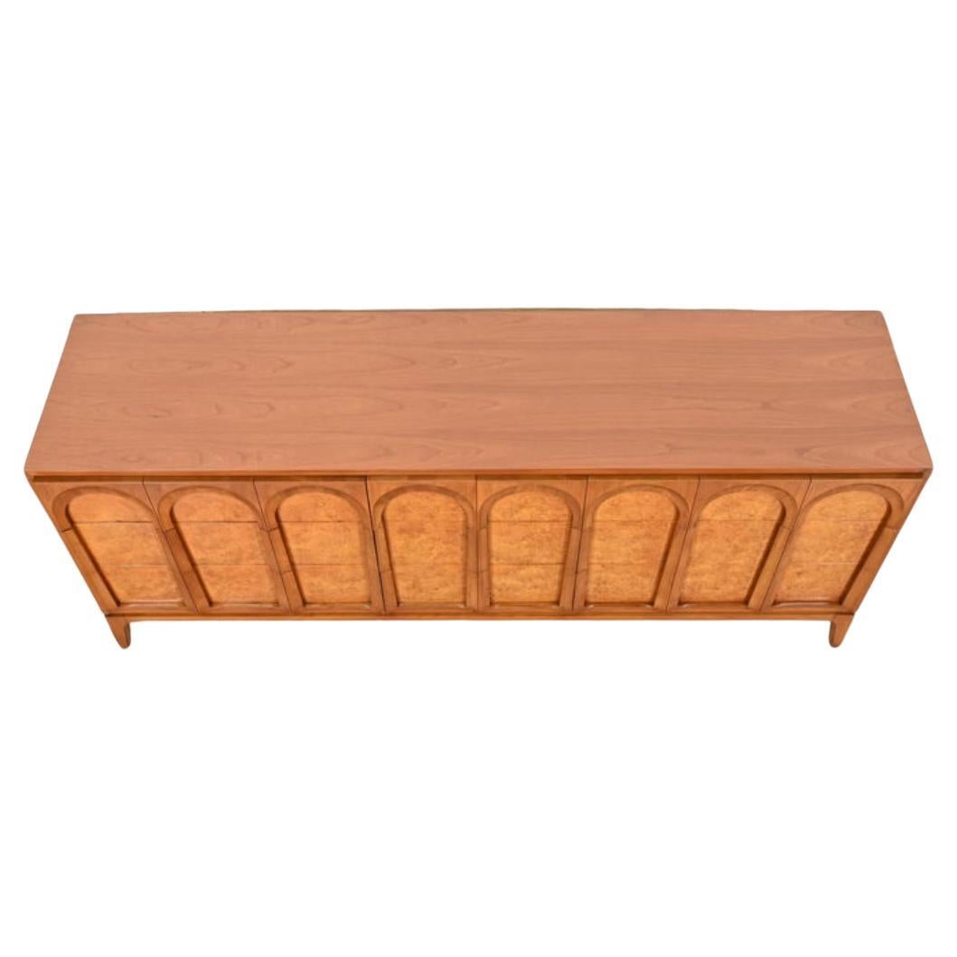 Woodwork Beautiful Mid century Arch Olive Burl Walnut 9 drawer dresser Credenza  For Sale