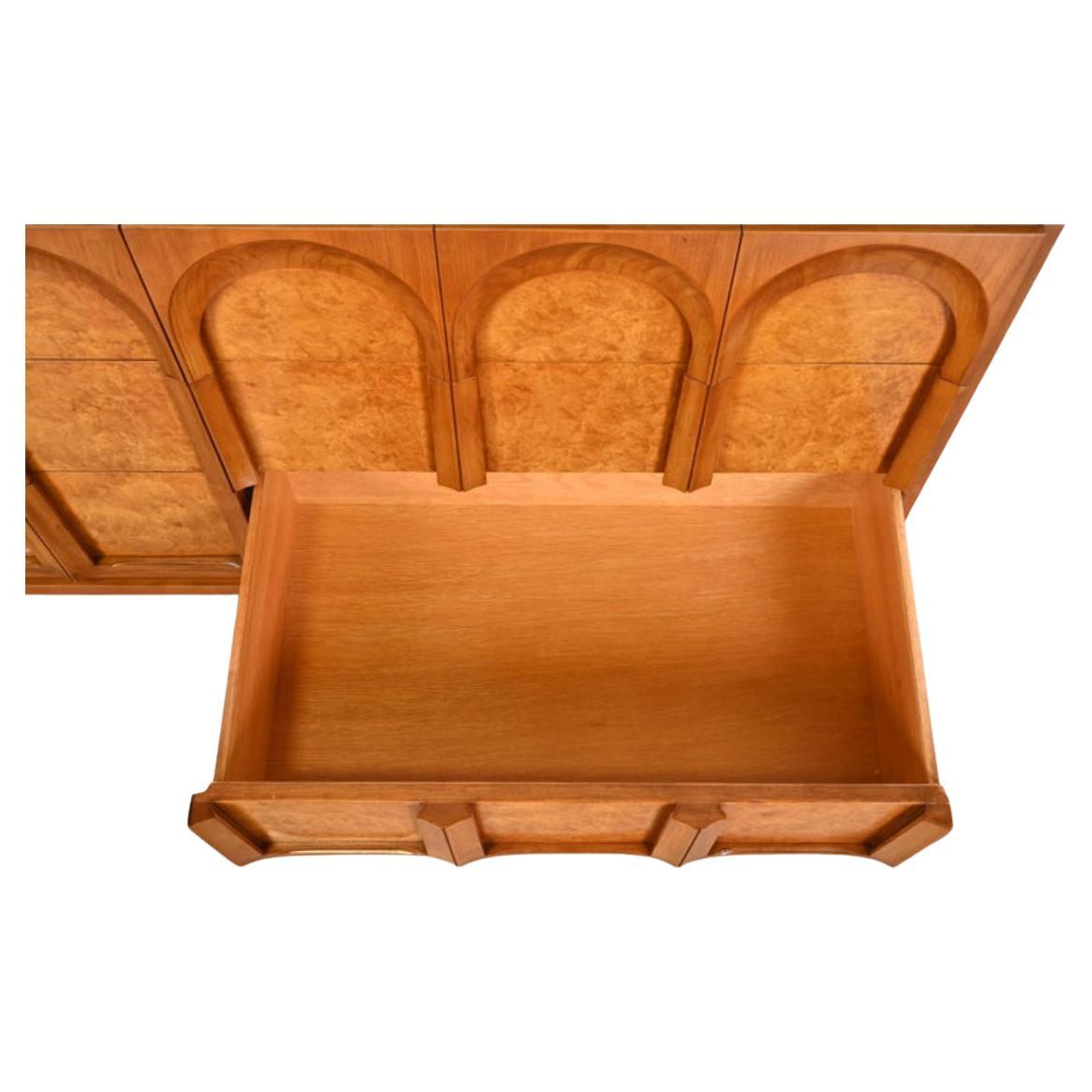 Mid-20th Century Beautiful Mid century Arch Olive Burl Walnut 9 drawer dresser Credenza  For Sale