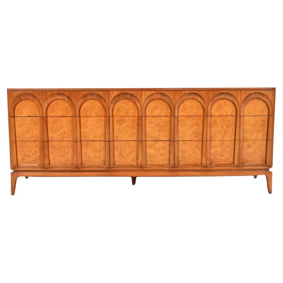 Beautiful Mid century Arch Olive Burl Walnut 9 drawer dresser Credenza