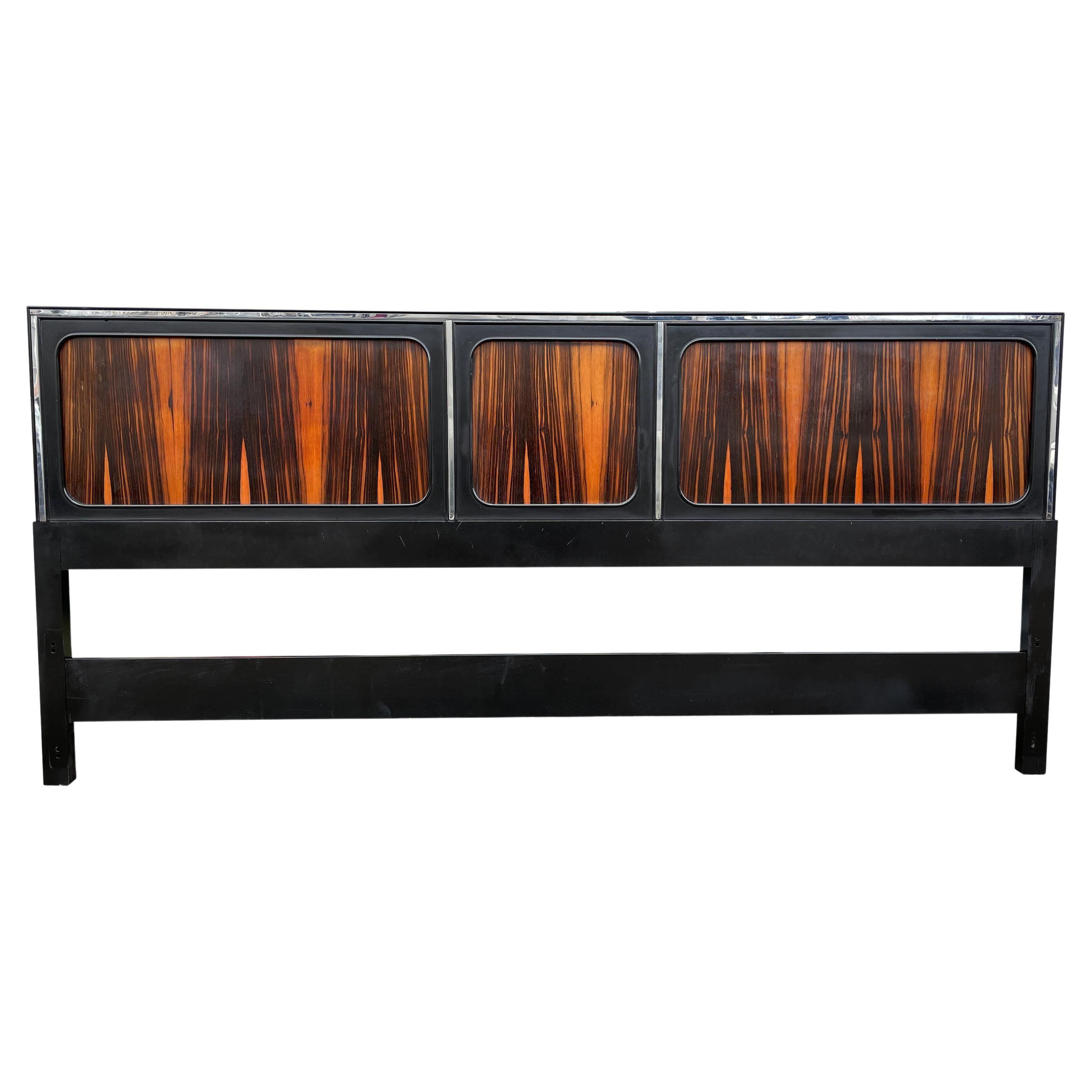 Beautiful Mid-Century Black Lacquer and Rosewood King Headboard for John Stuart