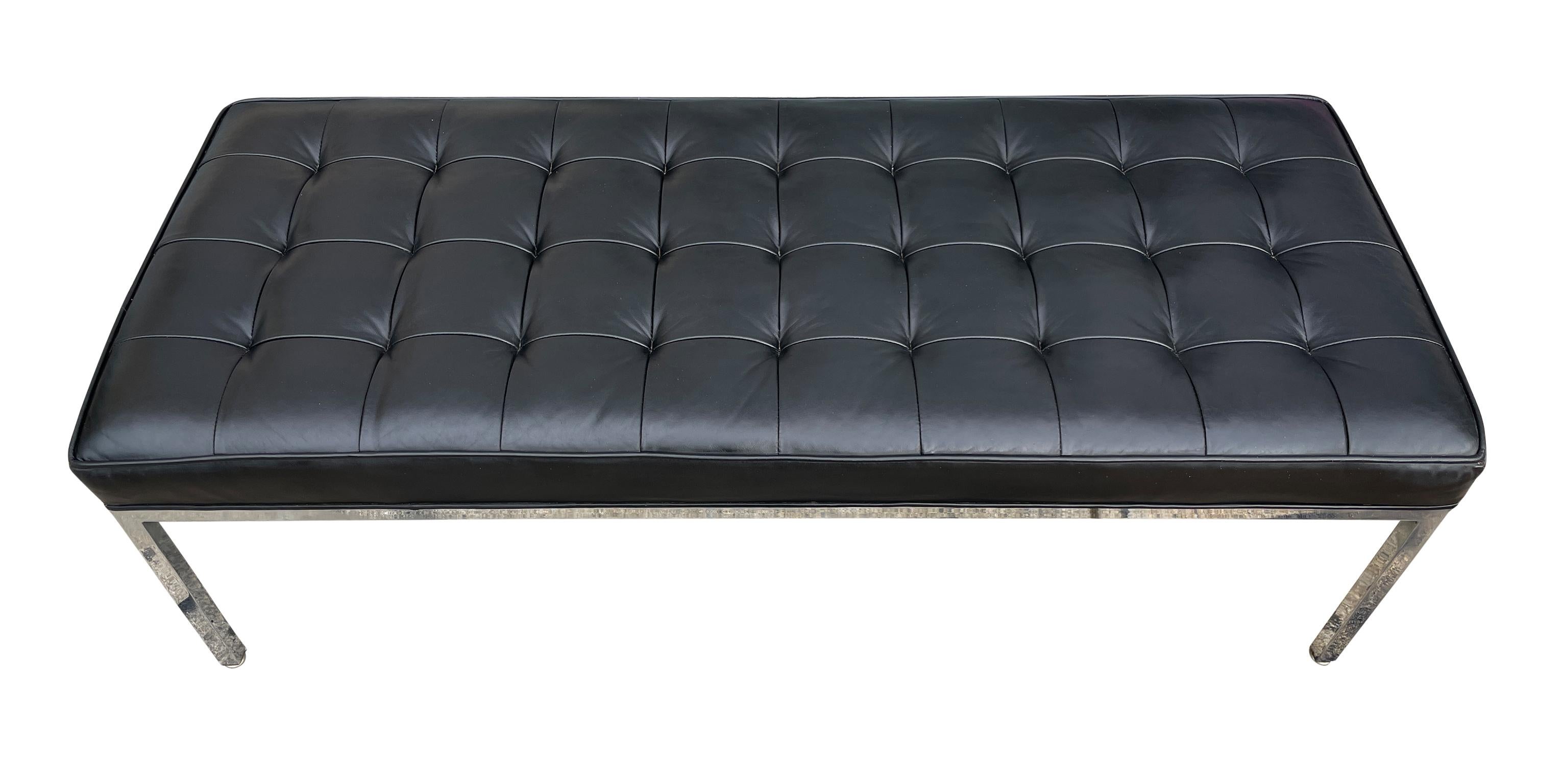 Beautiful Mid-Century Modern black leather bench chrome frame style of Florence Knoll. Very clean 1960s bench. Made by Mueller Furniture Company USA. Very High Quality construction leather and chrome are in great vintage condition nice and firm
