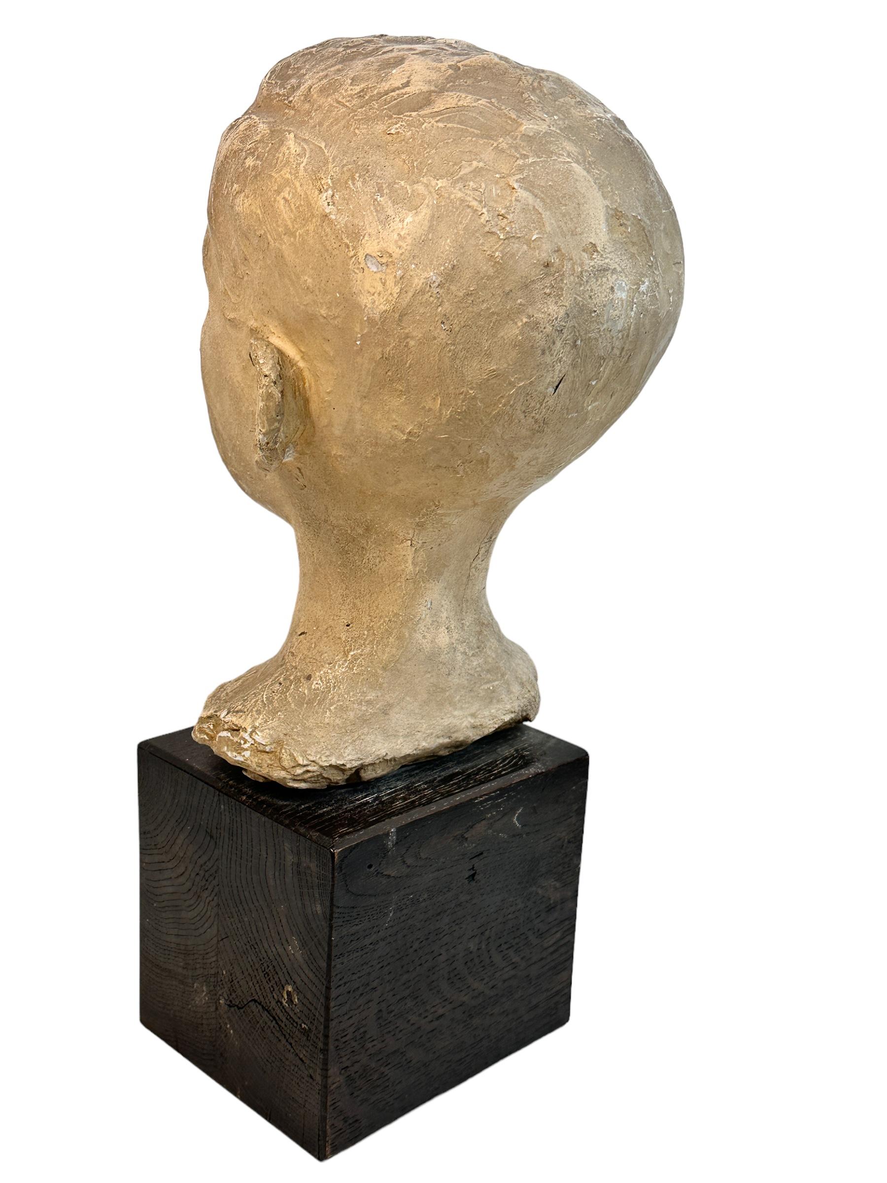 Mid-Century Modern Beautiful Mid Century Boy Head Bust Plaster on Wooden Base German Vintage, 1959 For Sale