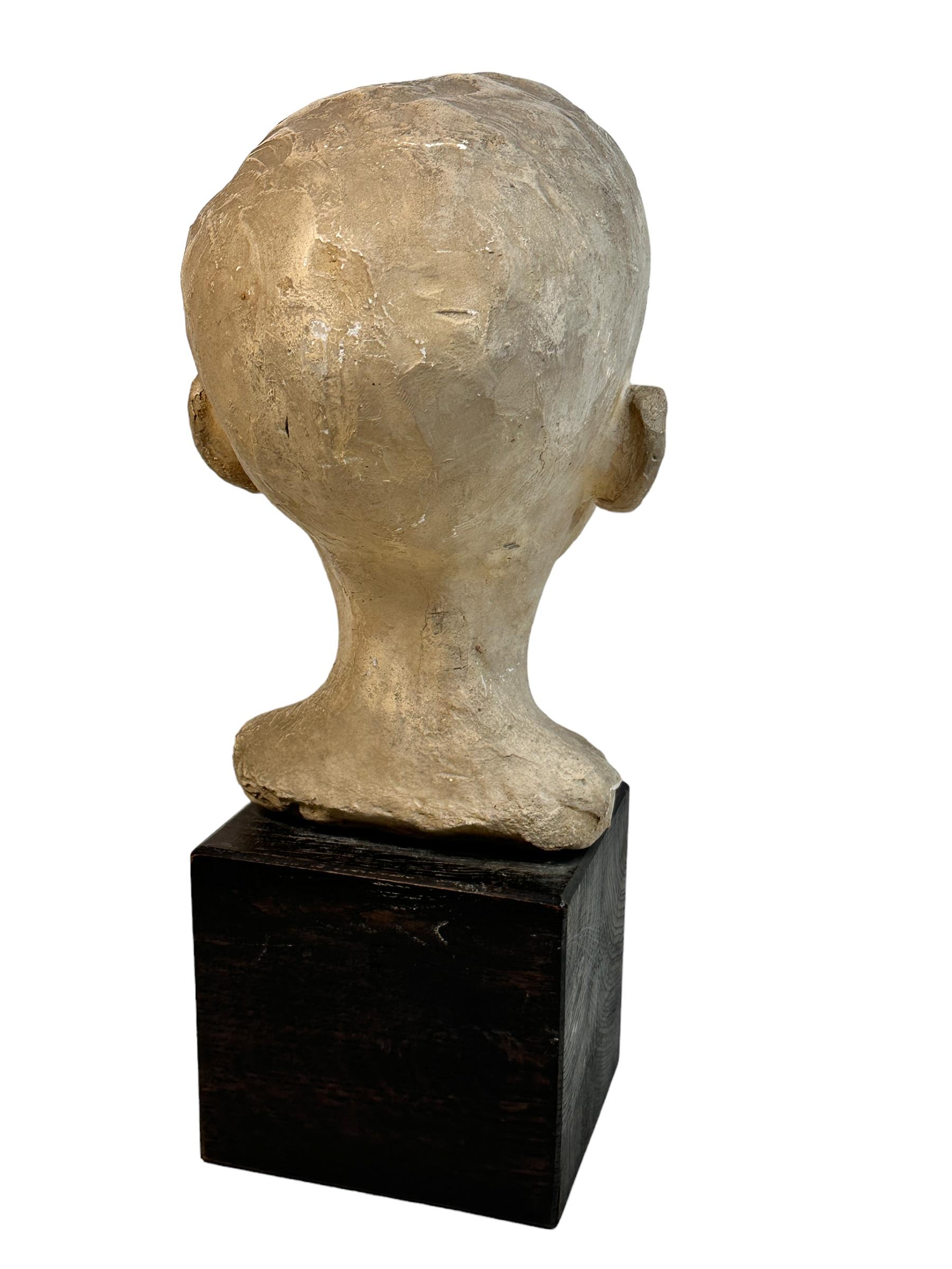Beautiful Mid Century Boy Head Bust Plaster on Wooden Base German Vintage, 1959 In Good Condition For Sale In Nuernberg, DE