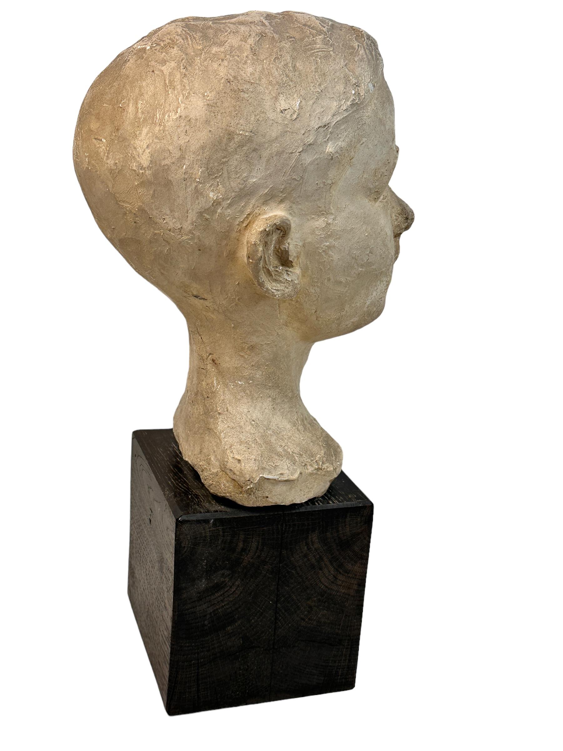 Mid-20th Century Beautiful Mid Century Boy Head Bust Plaster on Wooden Base German Vintage, 1959 For Sale