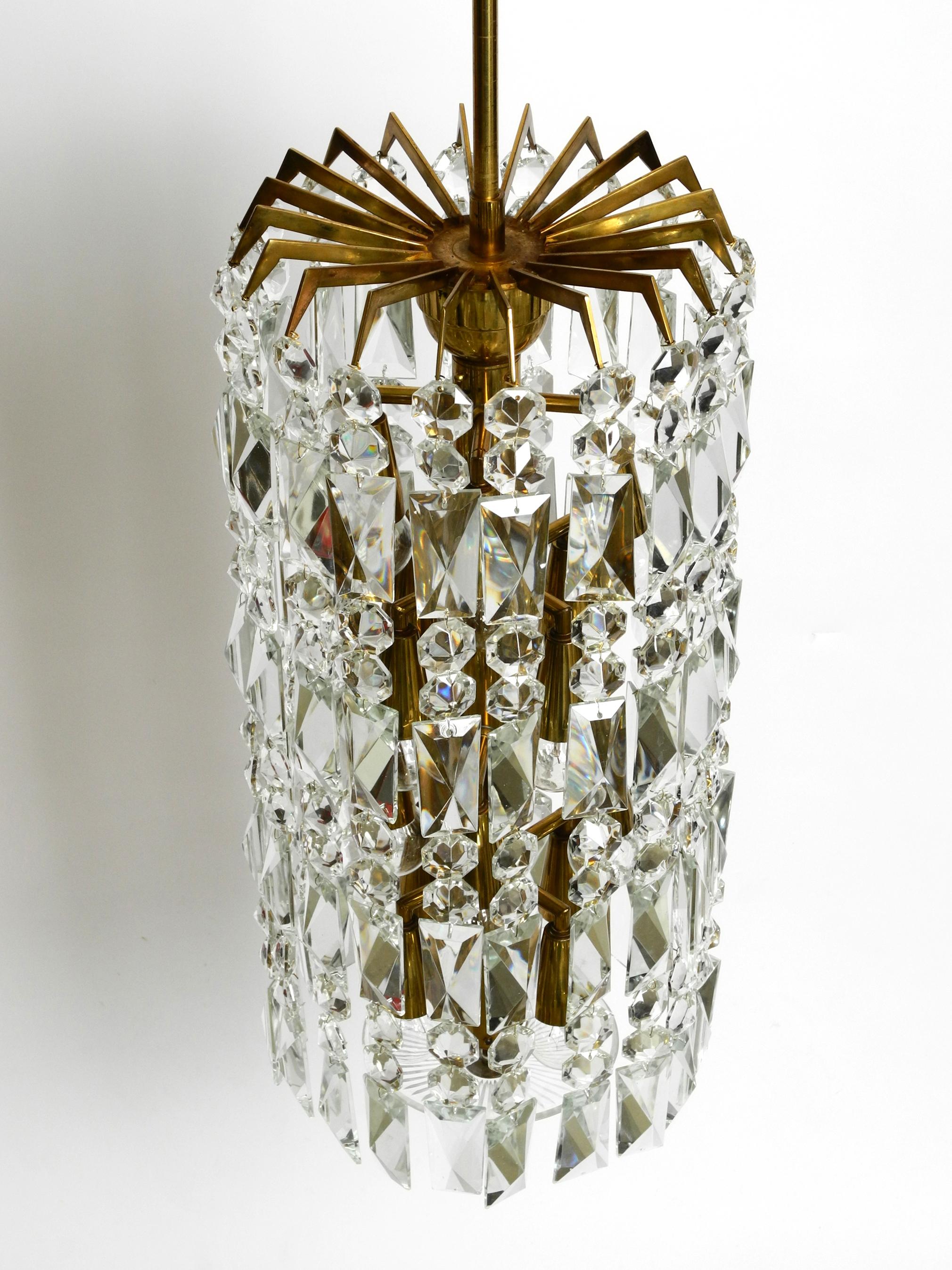 Mid-Century Modern Beautiful Midcentury Brass Crystal Glass Chandelier from Vereinigte Werkstätten For Sale