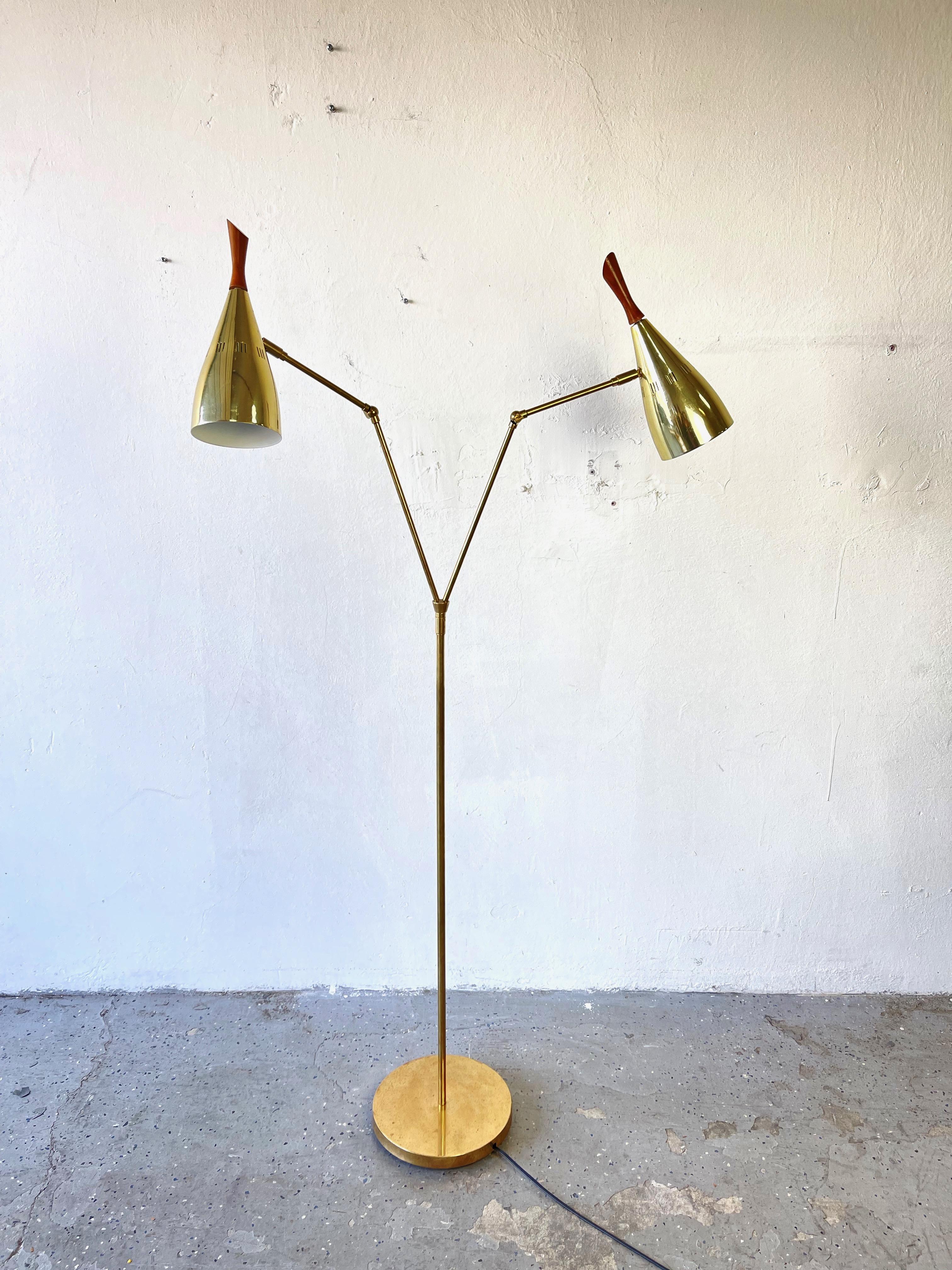 Mid-20th Century Beautiful Mid Century Brass & Teak Double Articulating Floor Lamp by Laurel
