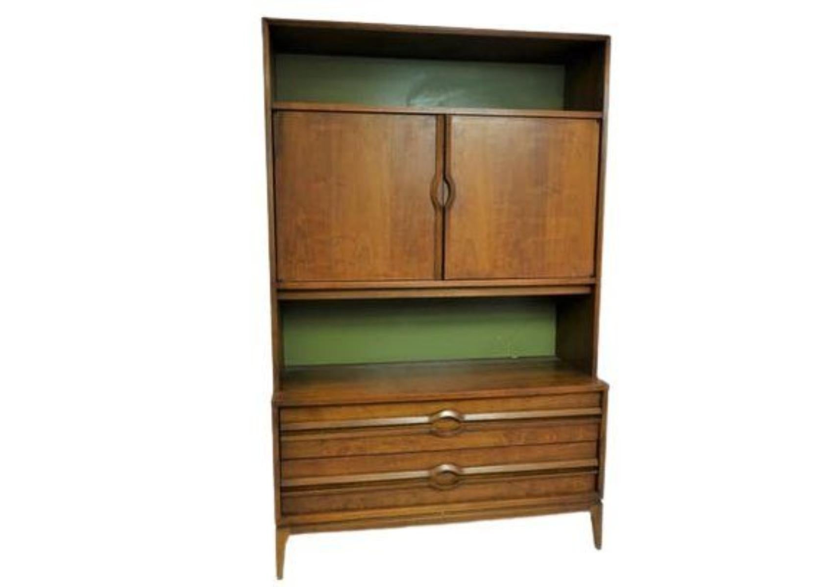 Beautiful Mid-Century Cabinet With Drawers and Forest Green Accents. All The Touch-Ups Will Be Done Before Shipping Or Delivery. See condition above. Dimensions: 44