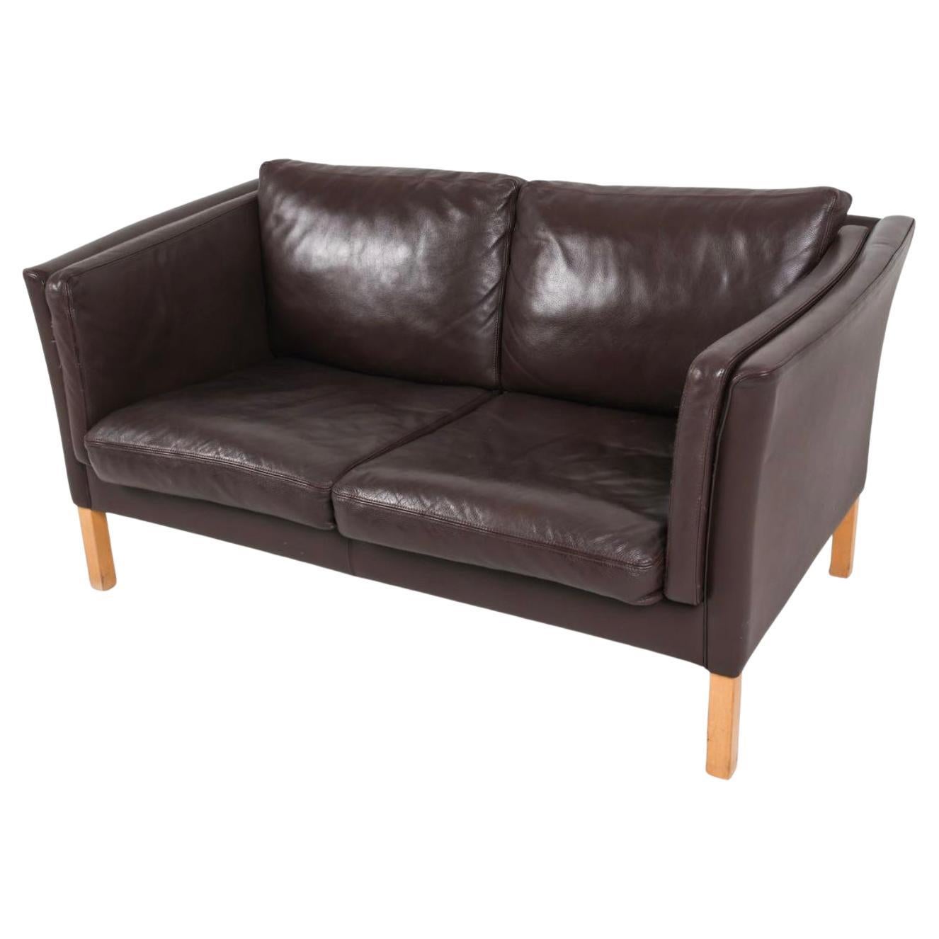 Mid-Century Modern Beautiful Mid century Danish Modern dark brown Leather 2 Seat Sofa birch Legs