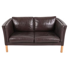 Beautiful Mid century Danish Modern dark brown Leather 2 Seat Sofa birch Legs