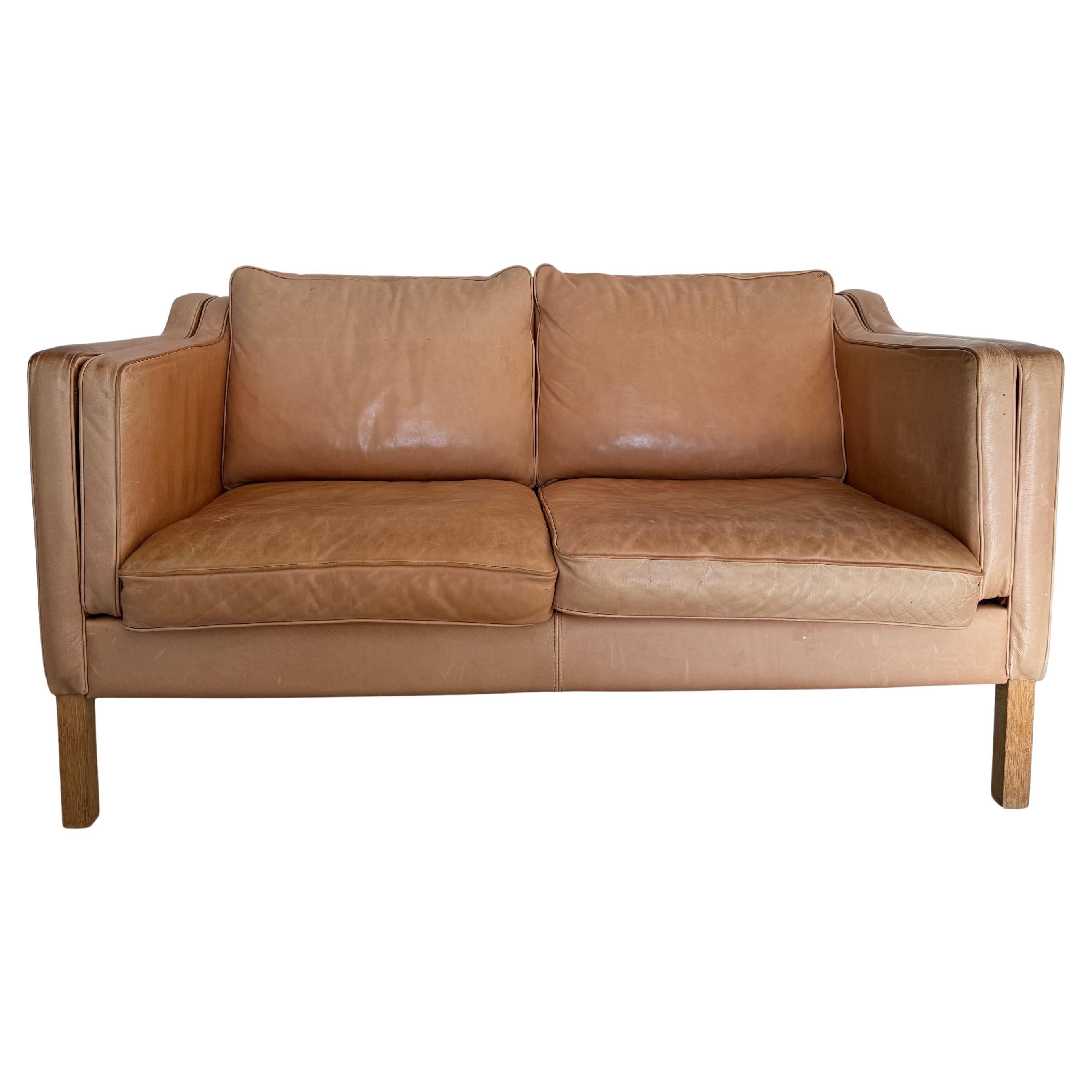 Beautiful Mid century Danish Modern tan Leather 2 Seat Sofa white Oak Legs