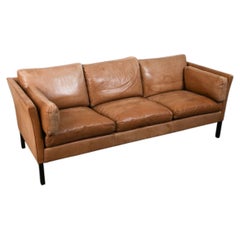 Beautiful Mid century Danish Modern tan Leather 3 Seat Sofa great patina