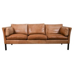 Beautiful Mid century Danish Modern tan Leather 3 Seat Sofa great patina