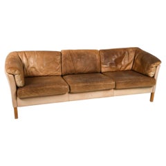 Beautiful Mid century Danish Modern tan Leather 3 Seat Sofa great patina oak leg