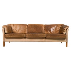 Beautiful Mid century Danish Modern tan Leather 3 Seat Sofa great patina oak leg