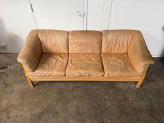 Beautiful Mid century Danish Modern tan Leather 3 Seat Sofa great patina Stouby