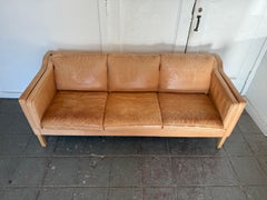 Beautiful Mid century Danish Modern tan Leather 3 Seat Sofa white Oak Legs