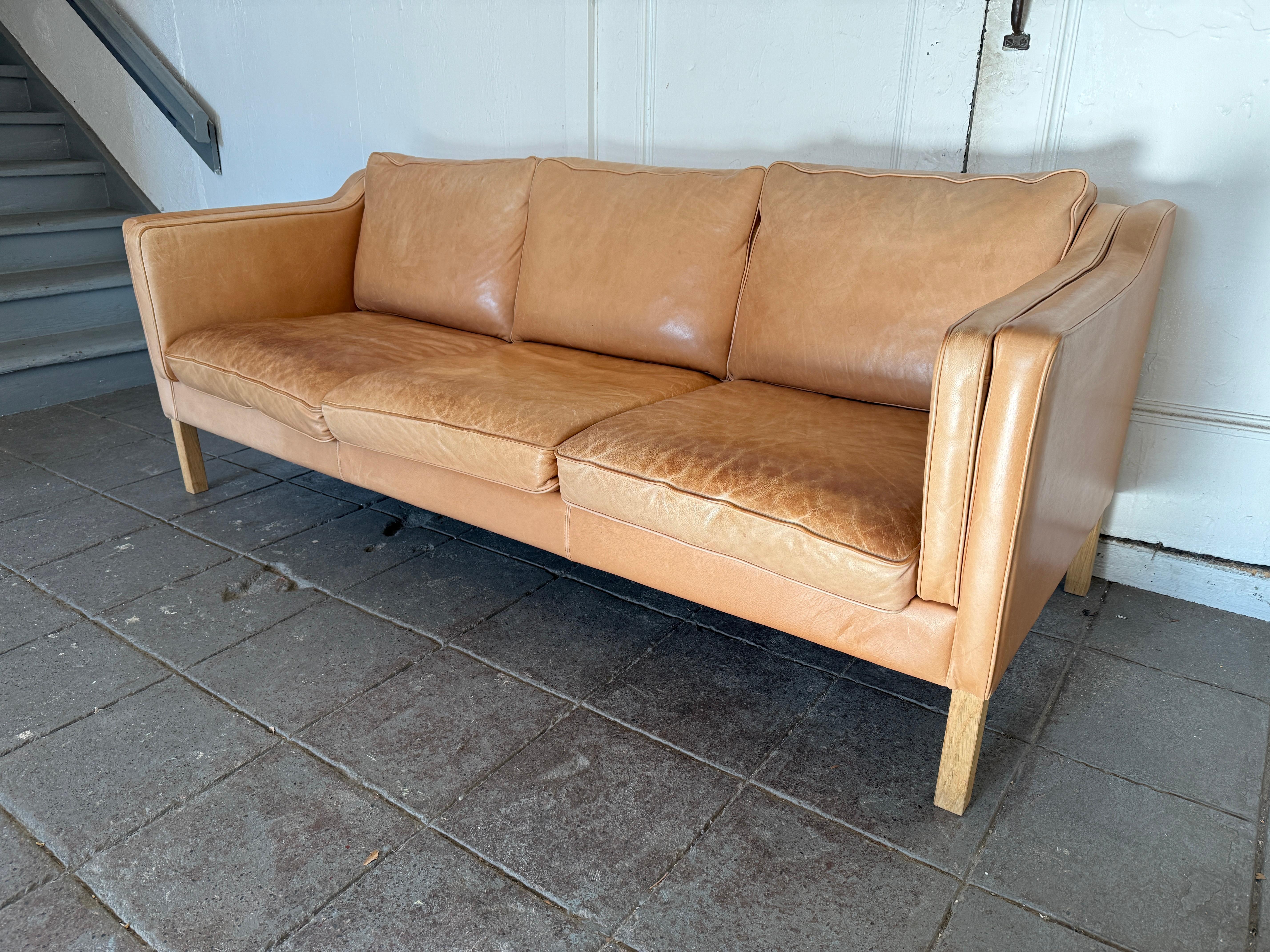 Mid-Century Modern Beautiful Mid century Danish Modern tan Leather 3 Seat Sofa white Oak Legs