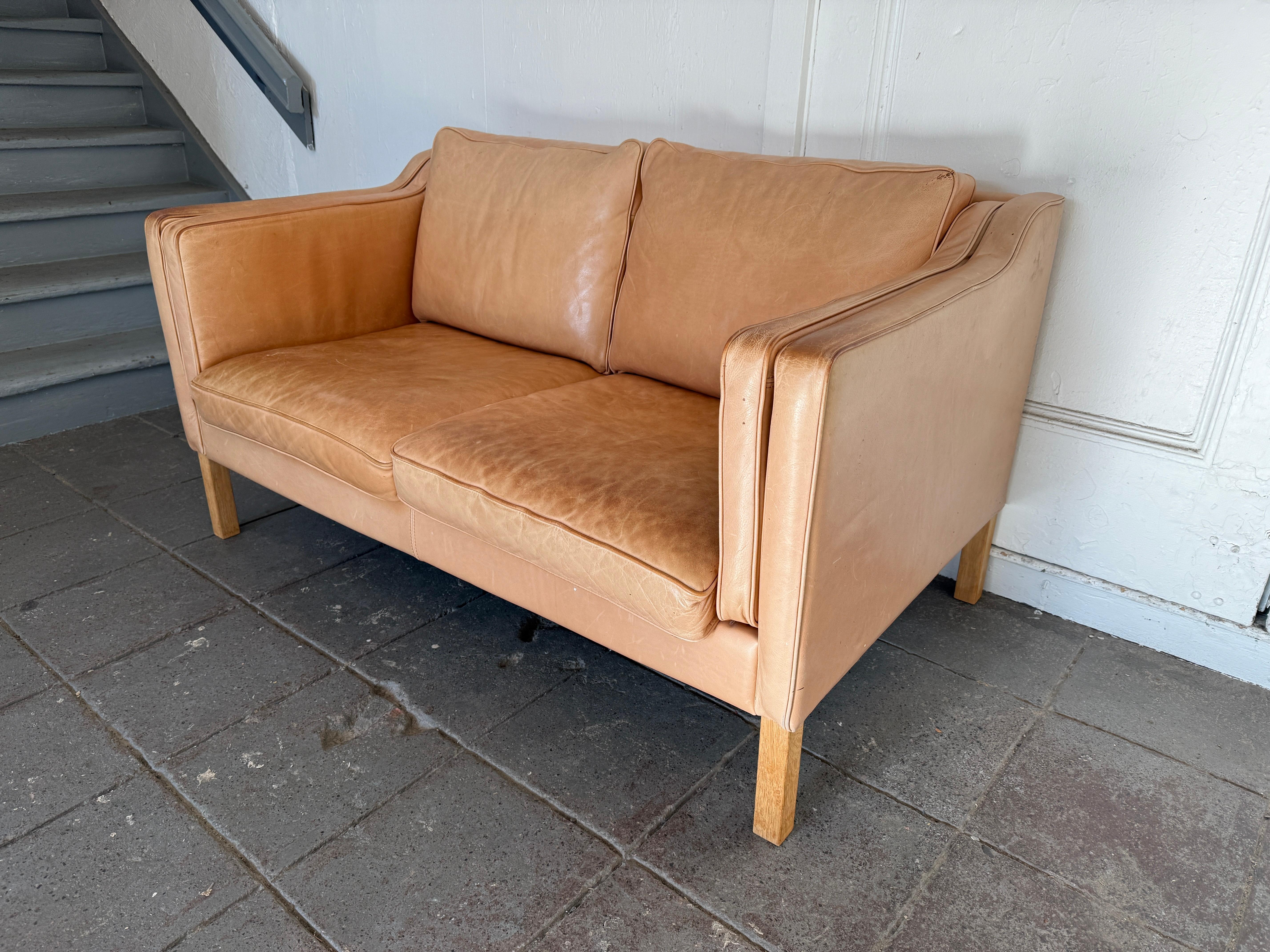 Mid-Century Modern Beautiful Mid century Danish Modern tan Leather 2 Seat Sofa white Oak Legs