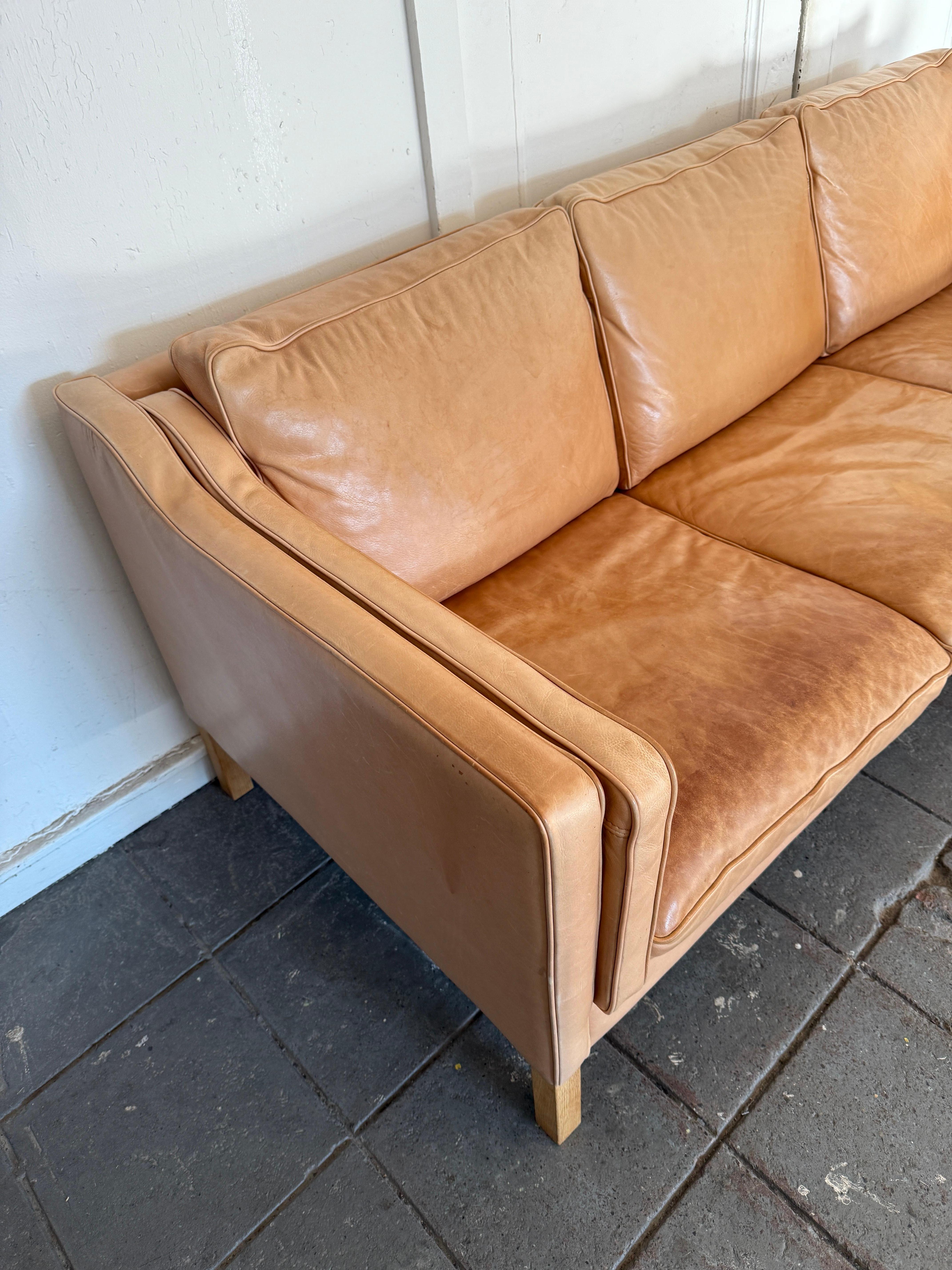 Woodwork Beautiful Mid century Danish Modern tan Leather 3 Seat Sofa white Oak Legs