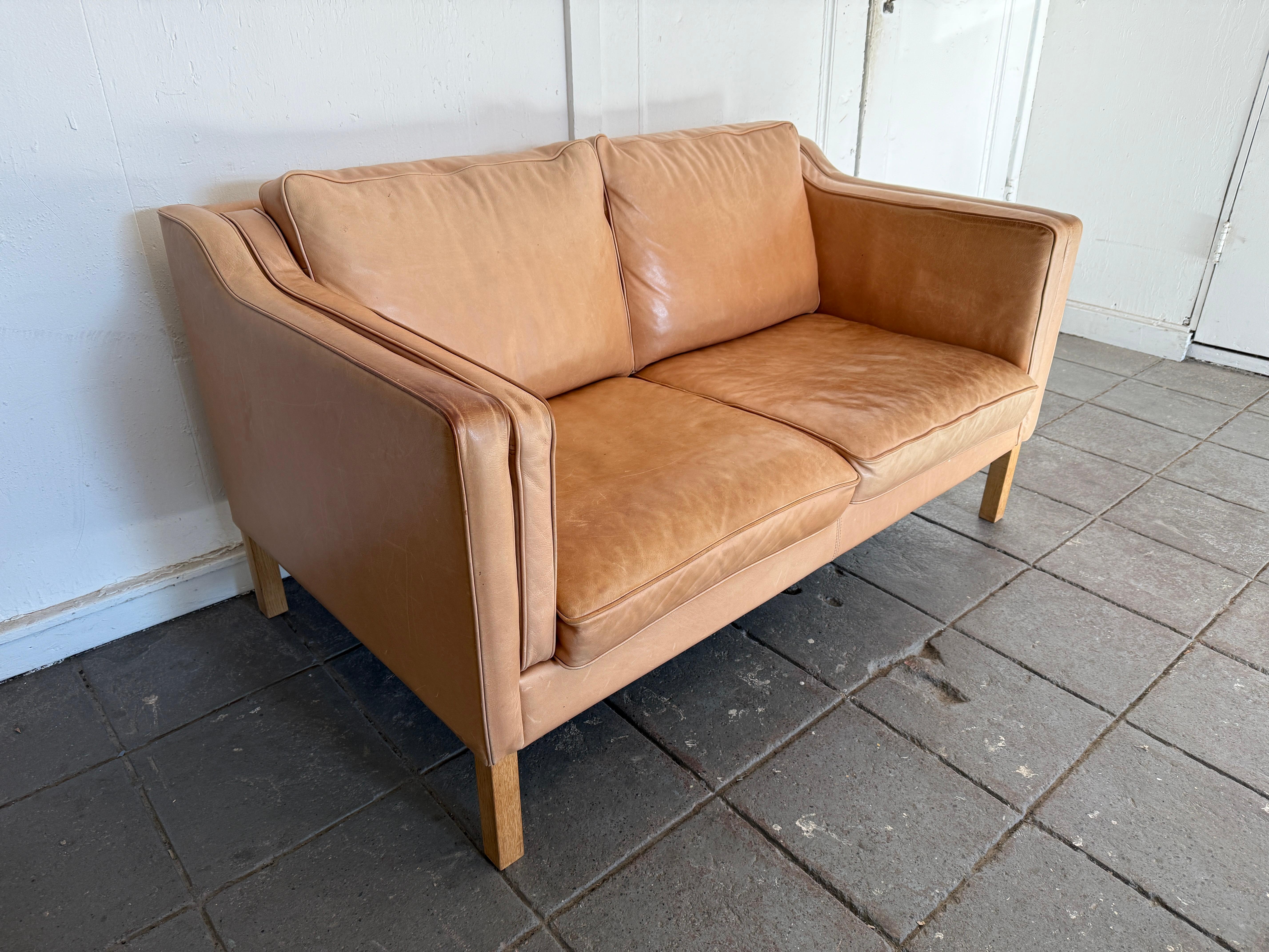 Woodwork Beautiful Mid century Danish Modern tan Leather 2 Seat Sofa white Oak Legs