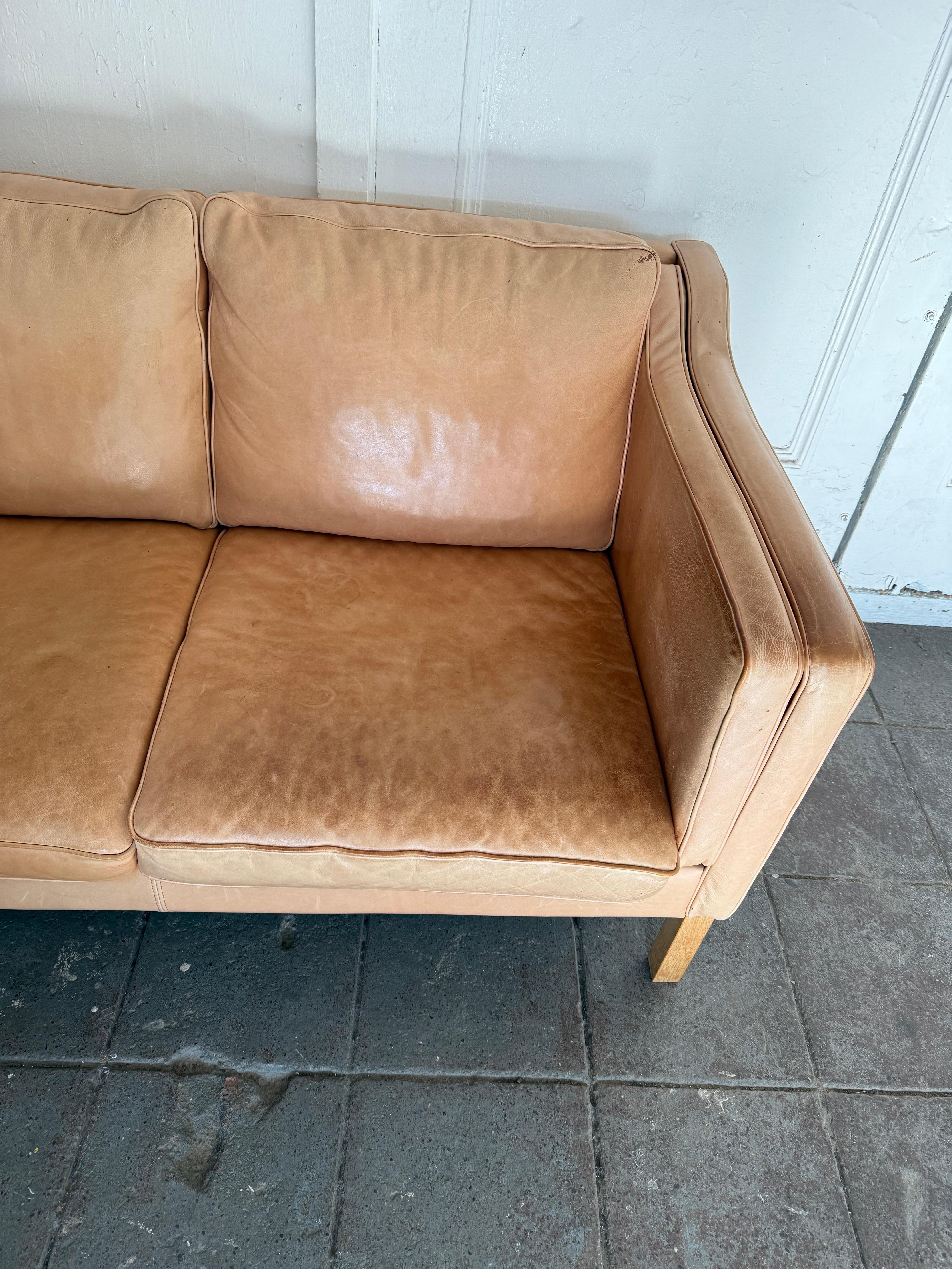 Mid-20th Century Beautiful Mid century Danish Modern tan Leather 2 Seat Sofa white Oak Legs