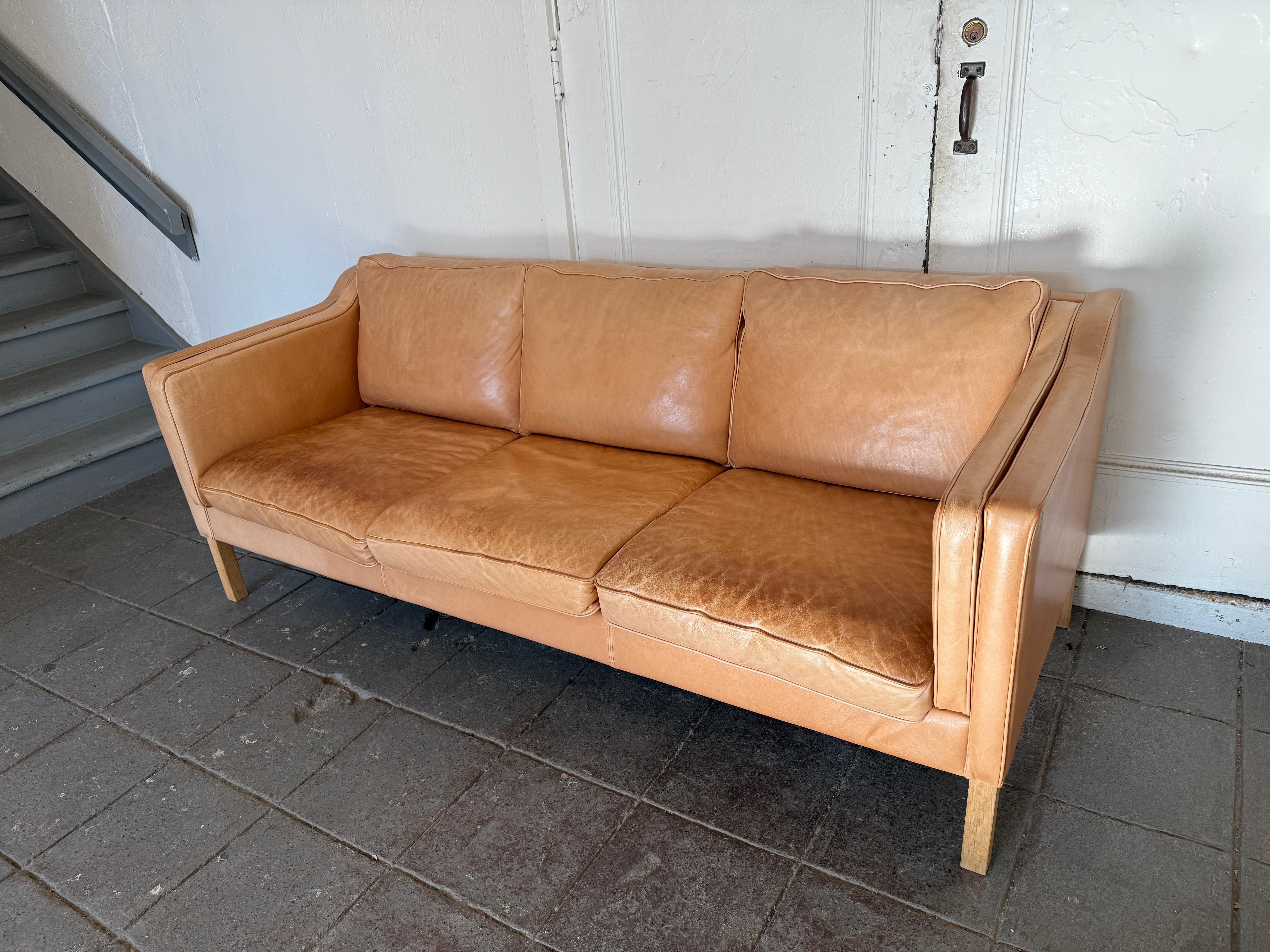 Beautiful Mid century Danish Modern tan Leather 3 Seat Sofa white Oak Legs 1
