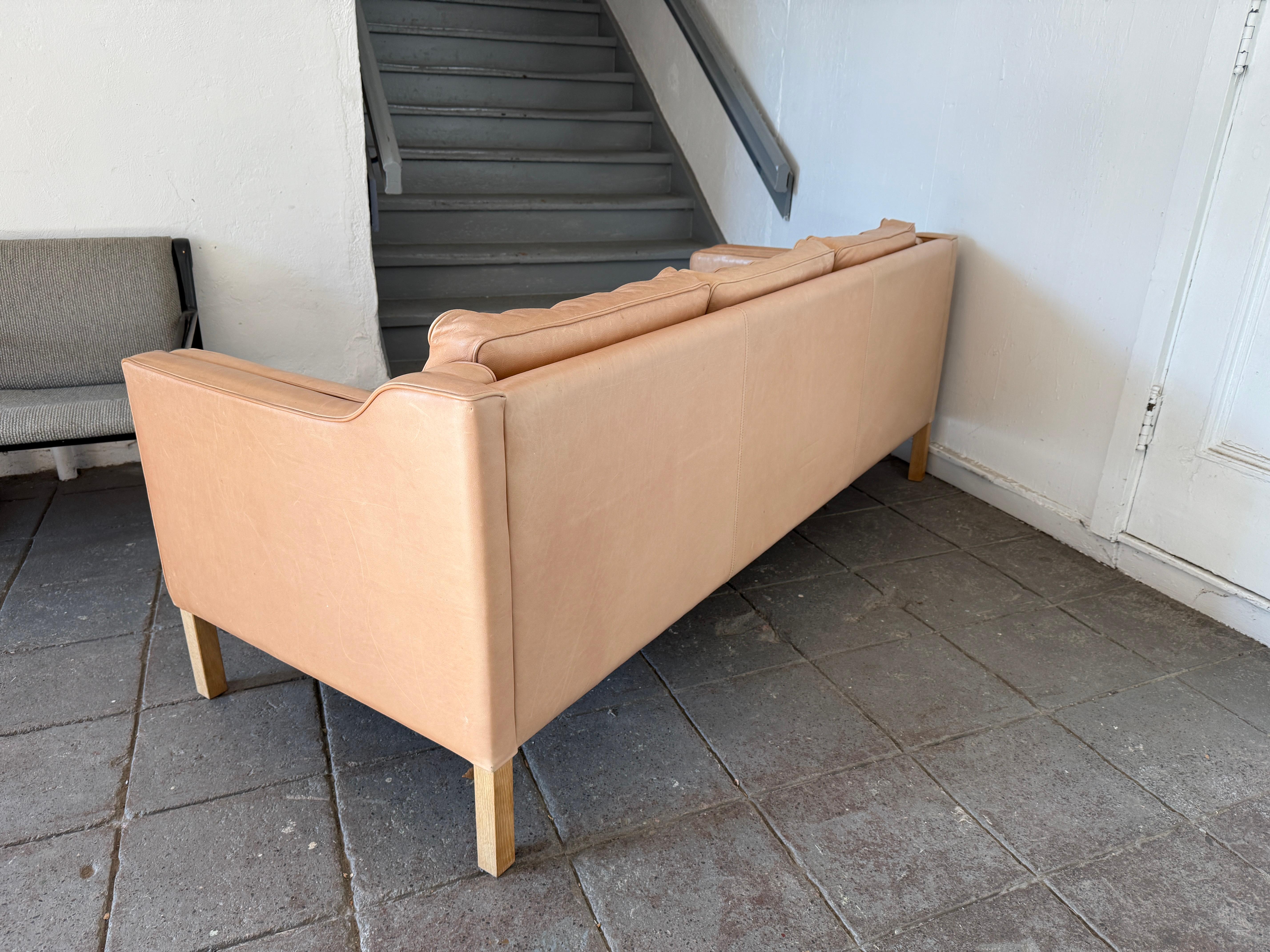 Beautiful Mid century Danish Modern tan Leather 3 Seat Sofa white Oak Legs 2