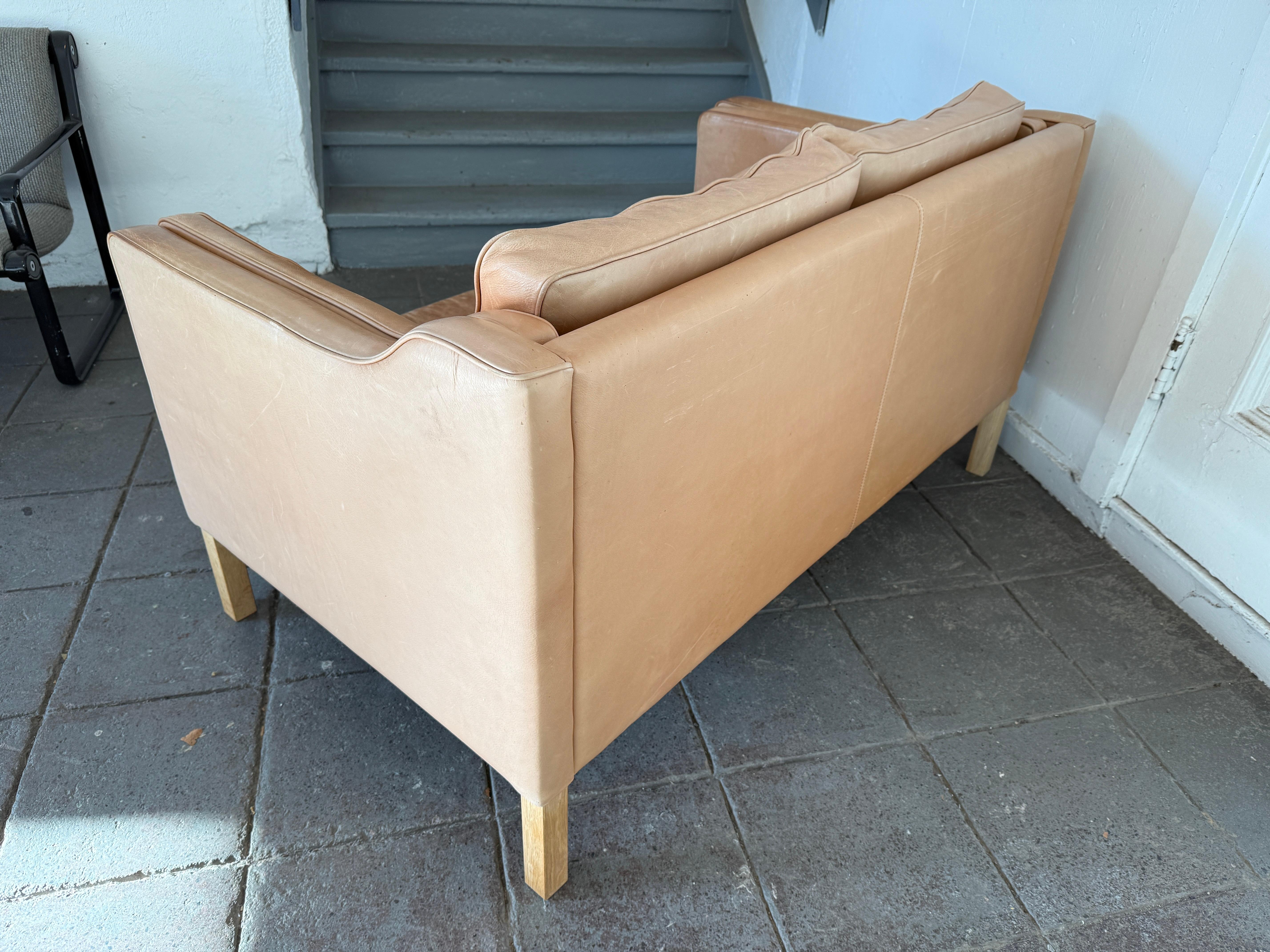 Beautiful Mid century Danish Modern tan Leather 2 Seat Sofa white Oak Legs 3