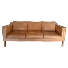 Beautiful Mid century Danish Modern tan Leather 3 Seat Sofa white Oak Legs
