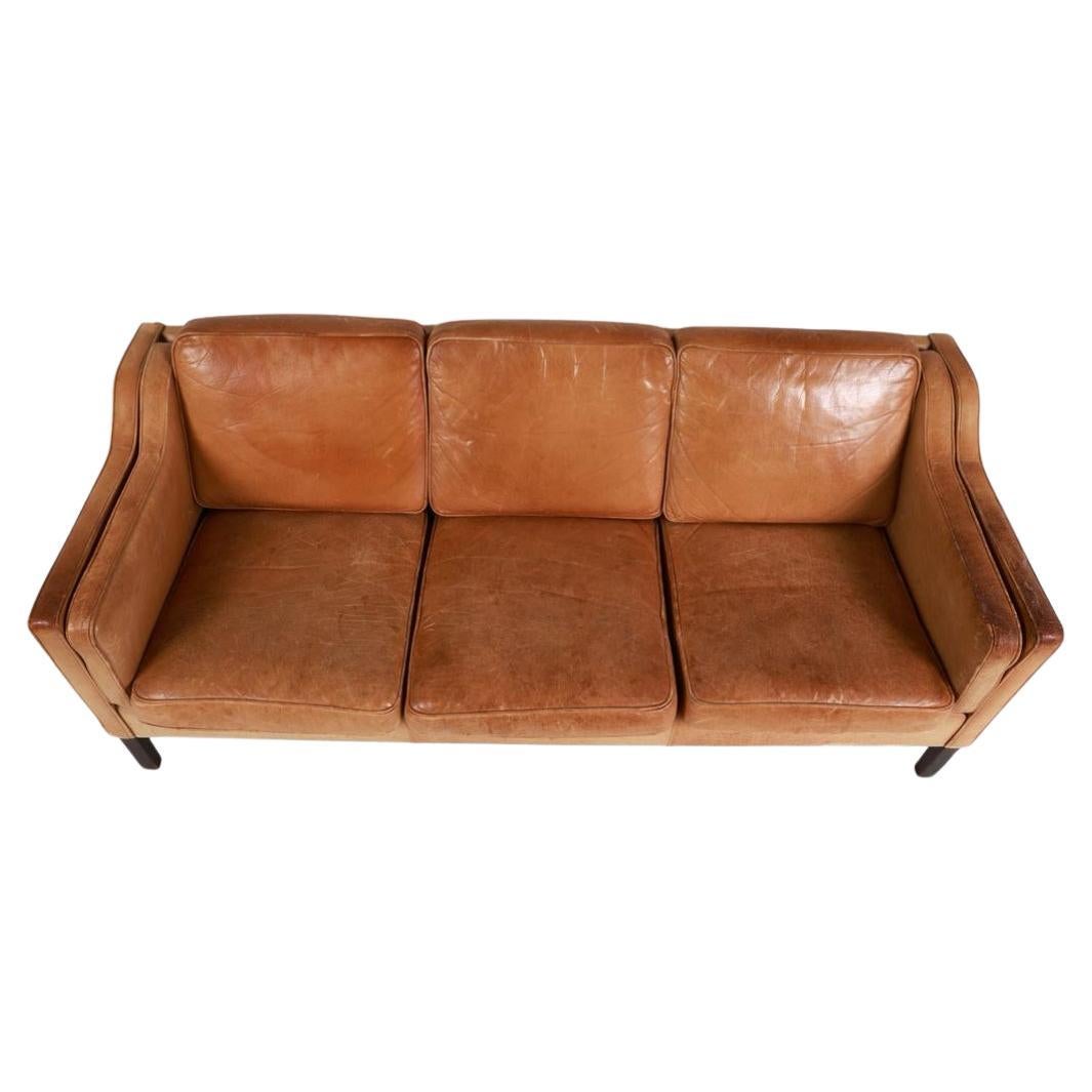 Mid-Century Modern Beautiful Mid century Danish Modern tan Leather 3 Seat Sofa dark wood Legs