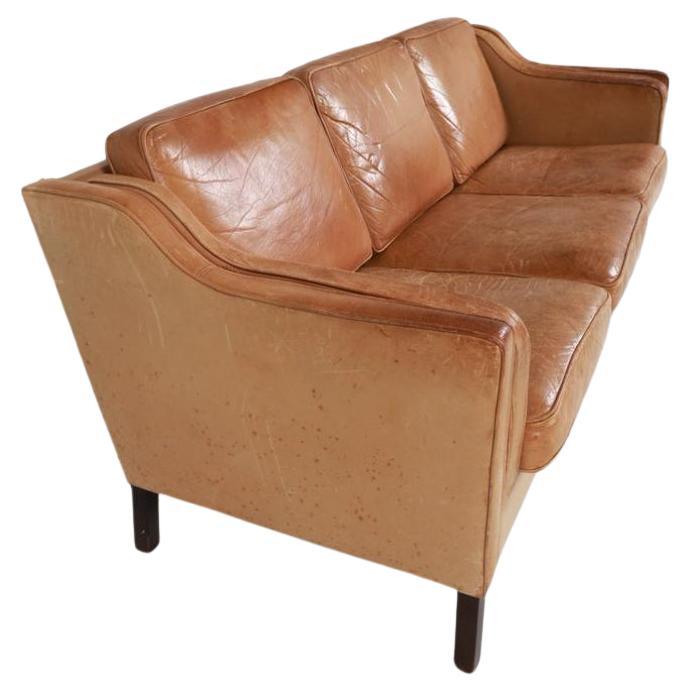 Woodwork Beautiful Mid century Danish Modern tan Leather 3 Seat Sofa dark wood Legs