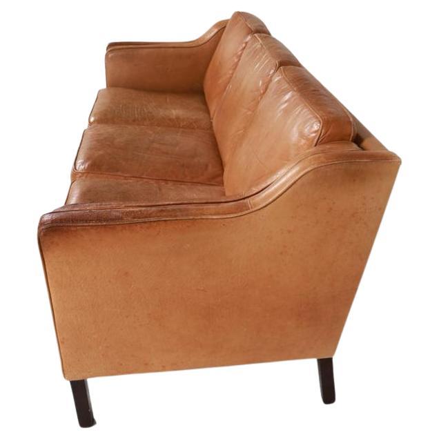 Beautiful Mid century Danish Modern tan Leather 3 Seat Sofa dark wood Legs In Good Condition In BROOKLYN, NY