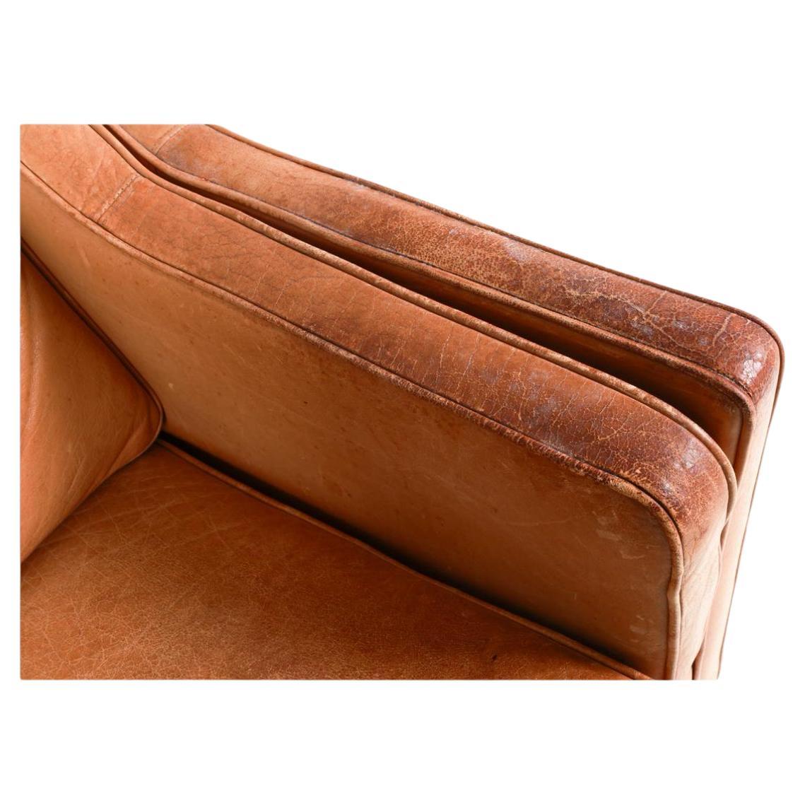 Mid-20th Century Beautiful Mid century Danish Modern tan Leather 3 Seat Sofa dark wood Legs