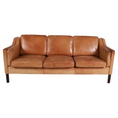Beautiful Mid century Danish Modern tan Leather 3 Seat Sofa dark wood Legs