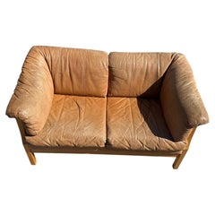 Beautiful Mid century Danish Modern tan Leather loveseat Sofa patina Stouby
