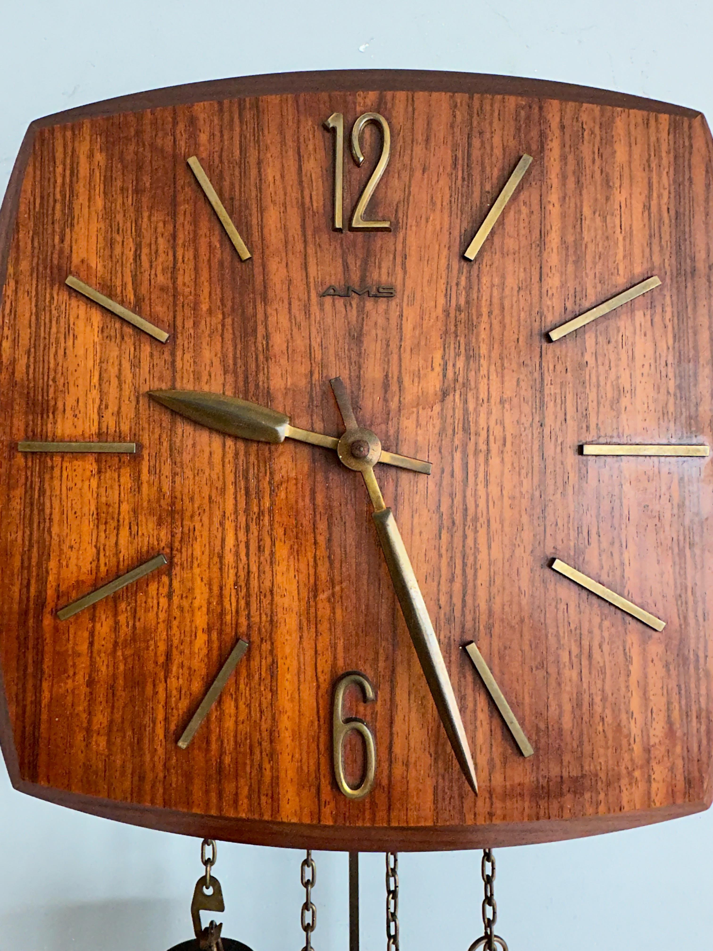 Mid-Century Modern Beautiful Midcentury Danish Teak Wood Pendulum Wall Clock, Great Condition 1960s For Sale