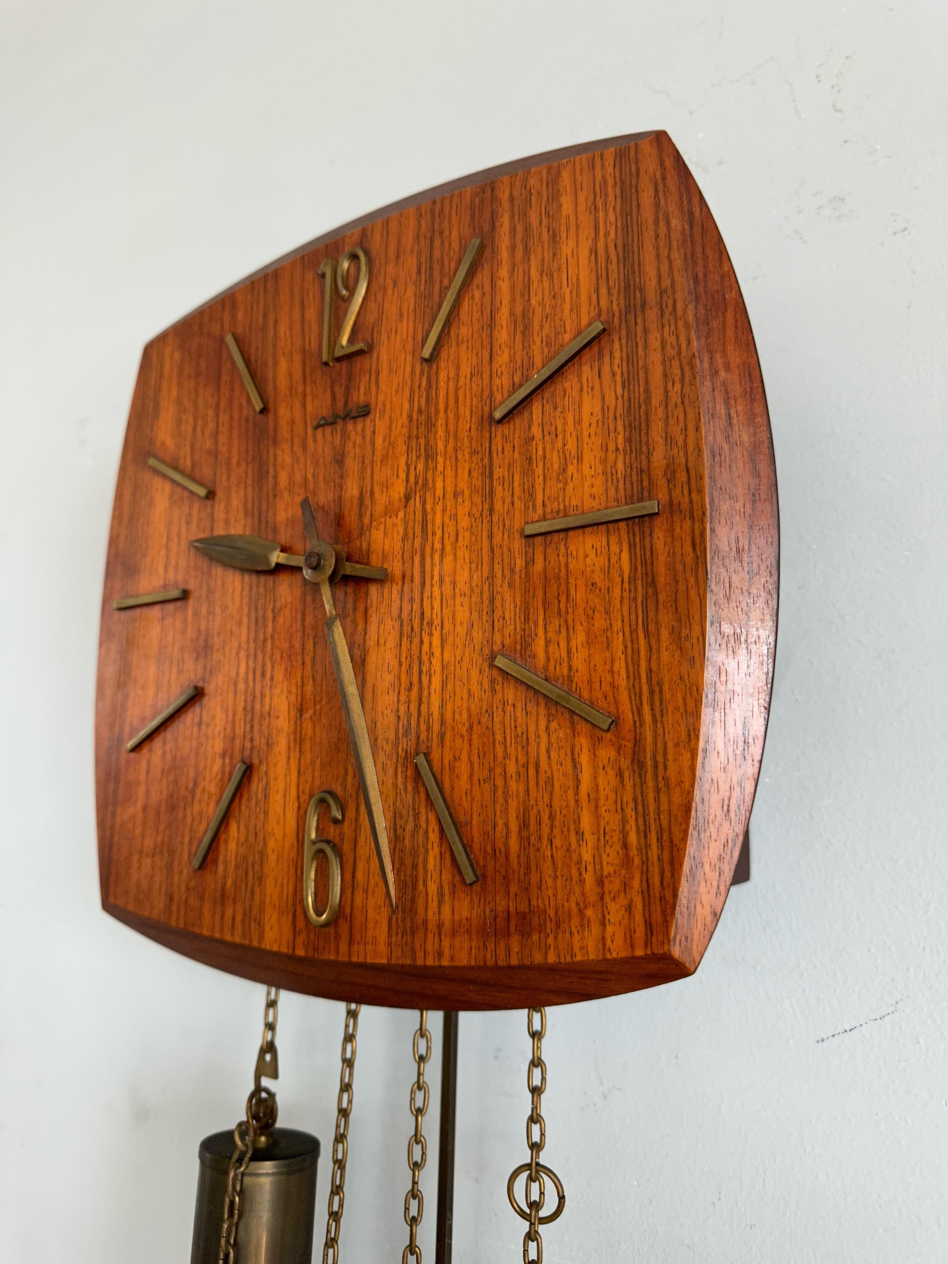20th Century Beautiful Midcentury Danish Teak Wood Pendulum Wall Clock, Great Condition 1960s For Sale
