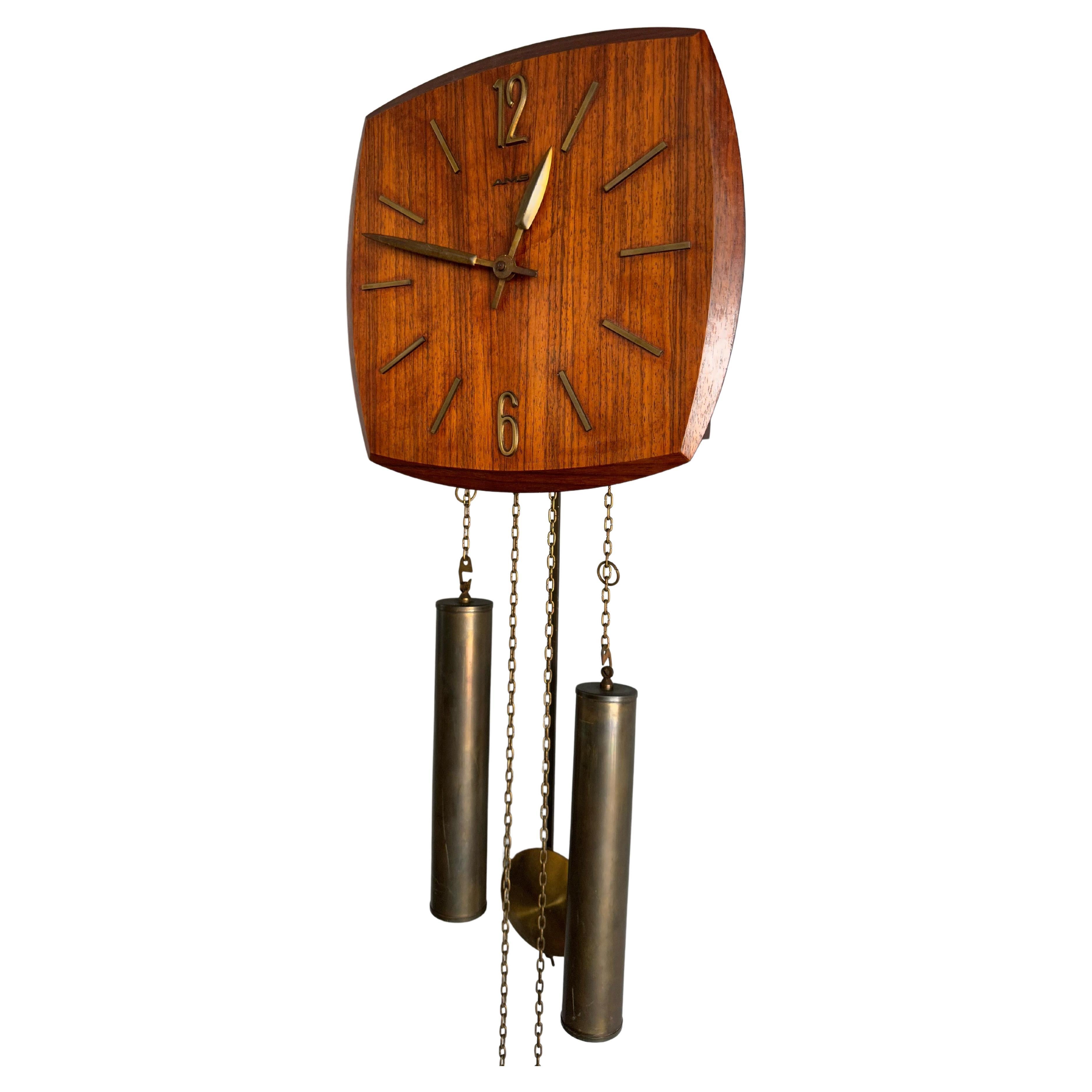 Beautiful Midcentury Danish Teak Wood Pendulum Wall Clock, Great Condition 1960s For Sale