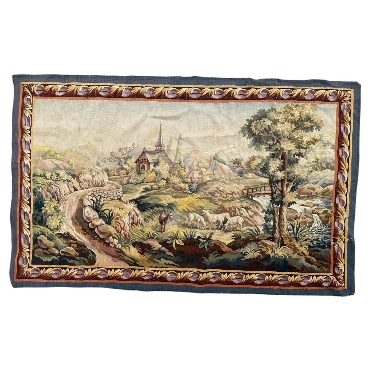 Beautiful mid century fine french handwoven Aubusson tapestry « The village » For Sale