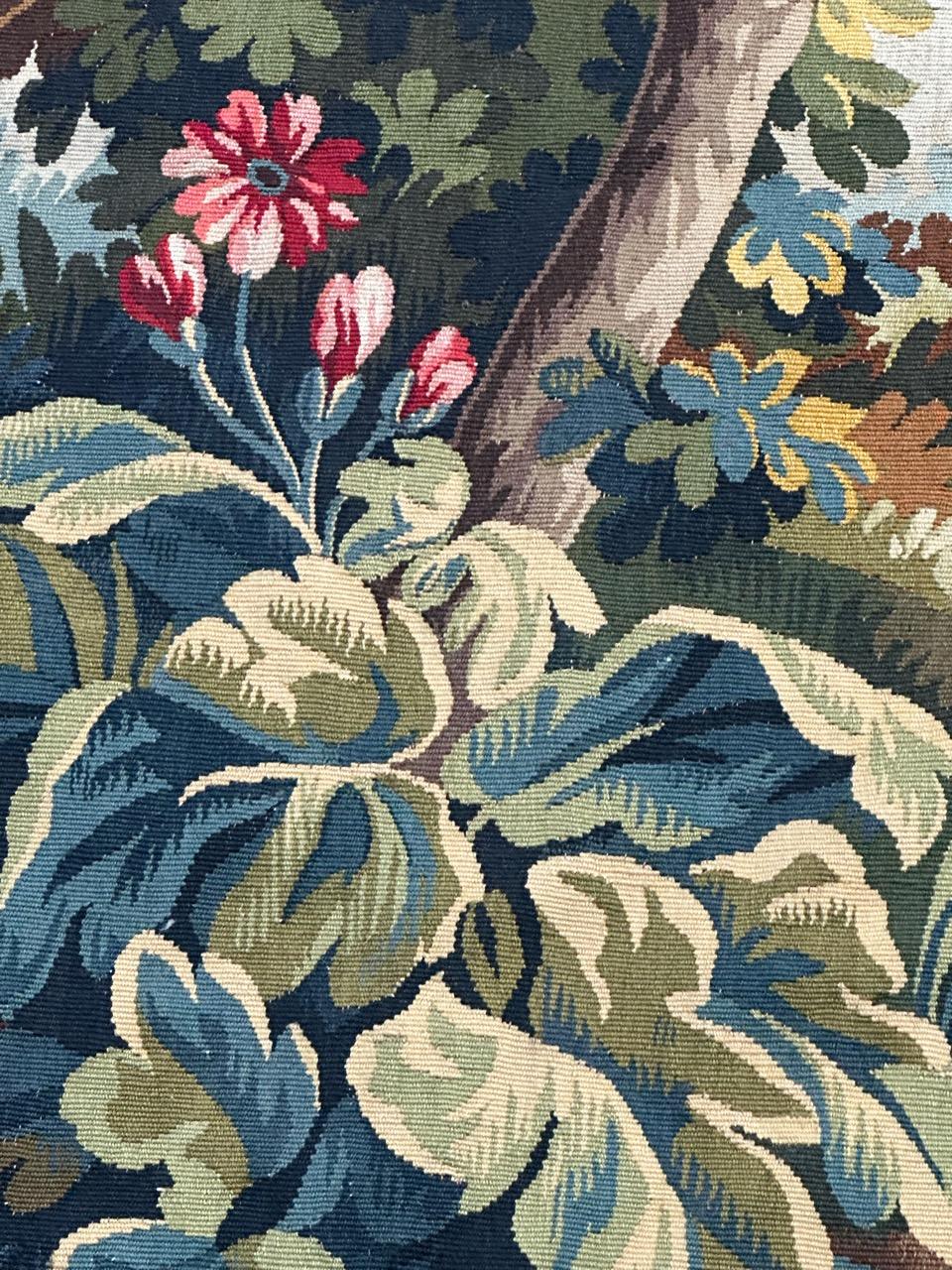 Beautiful mid century french handwoven Aubusson tapestry « greenery with bird » im Angebot 8