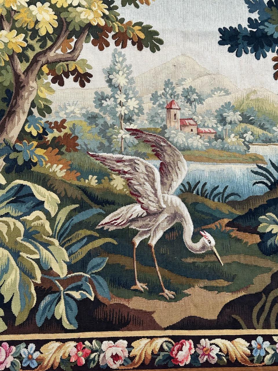 Beautiful mid century french handwoven Aubusson tapestry « greenery with bird » im Angebot 12