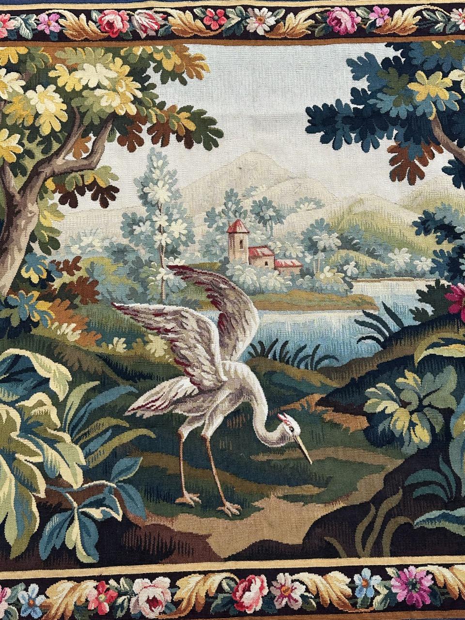Beautiful mid century french handwoven Aubusson tapestry « greenery with bird » (Französisch) im Angebot