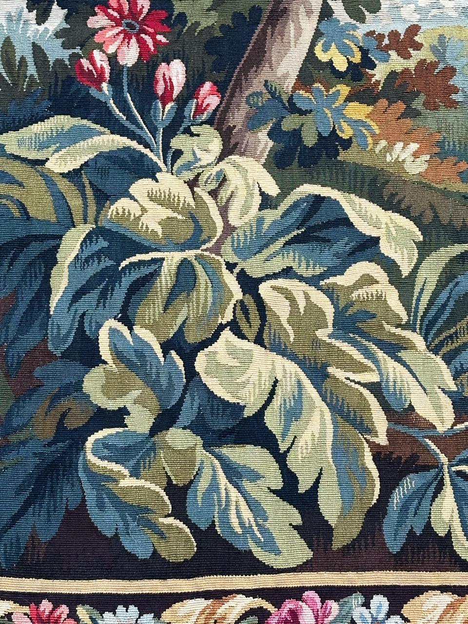 Beautiful mid century french handwoven Aubusson tapestry « greenery with bird » (Wolle) im Angebot