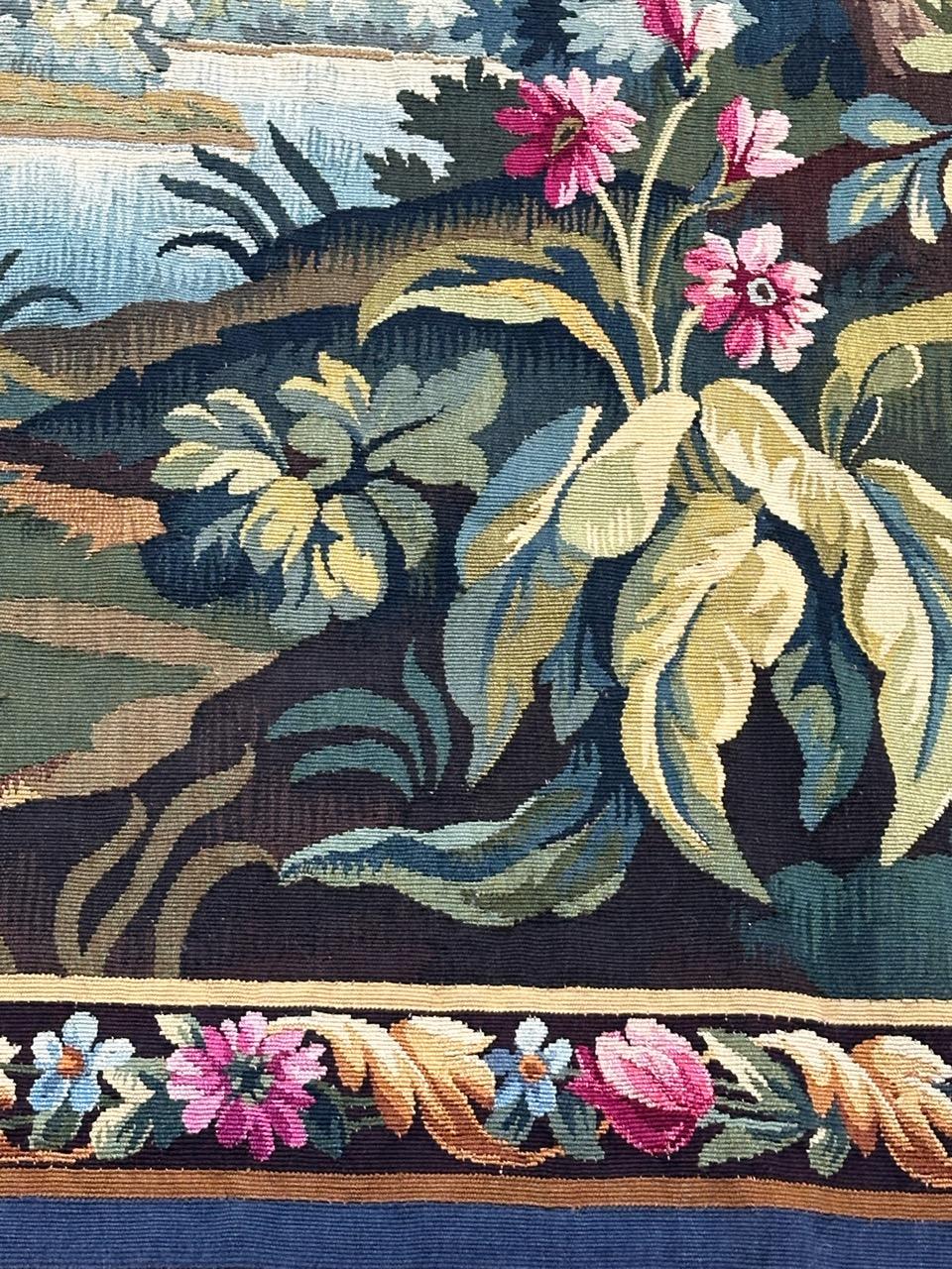 Beautiful mid century french handwoven Aubusson tapestry « greenery with bird » im Angebot 1