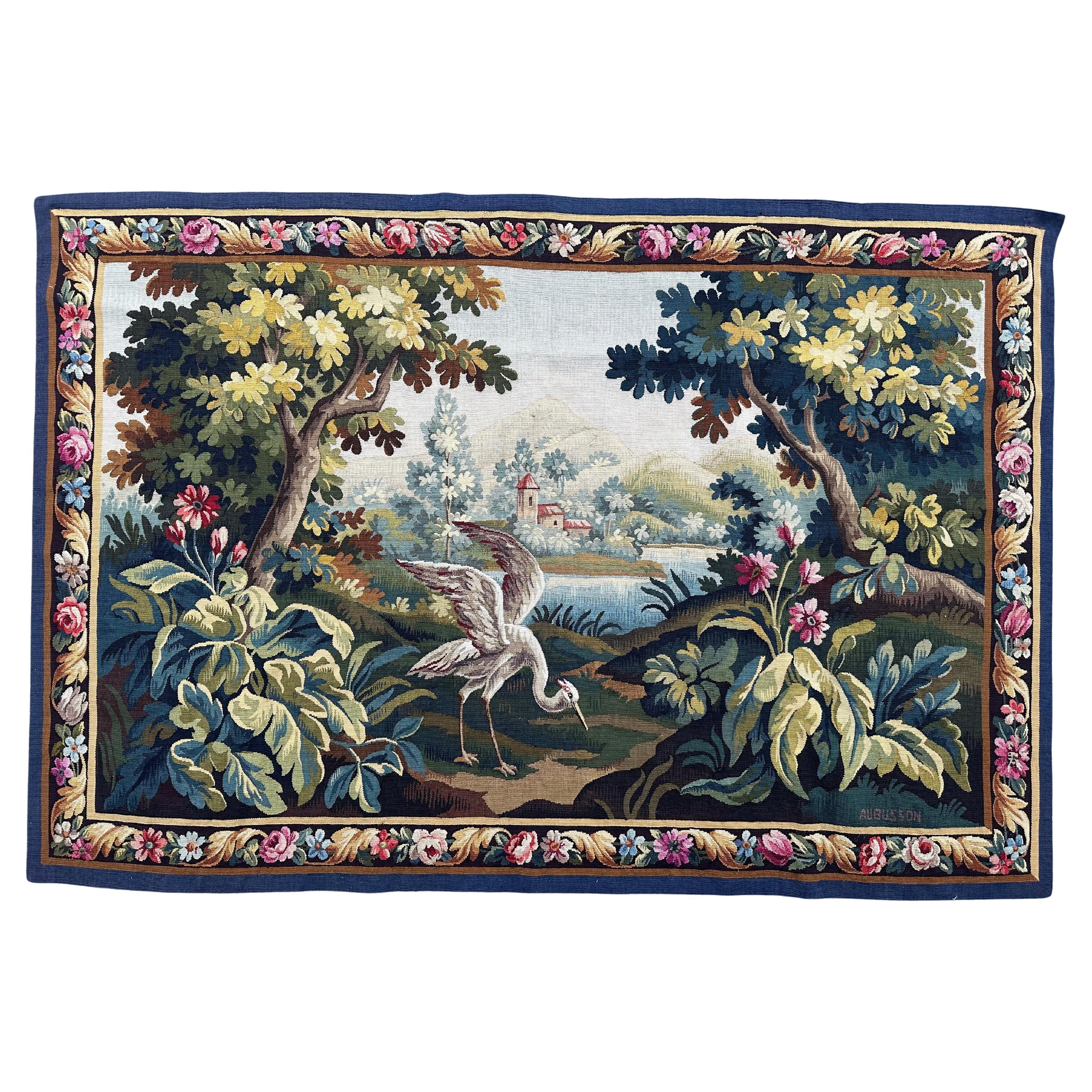 Beautiful mid century french handwoven Aubusson tapestry « greenery with bird »